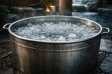 Fototapeta premium Big steel vessel filled with cold water and ice for wellness bath