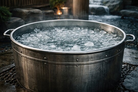 Big steel vessel filled with cold water and ice for wellness bath