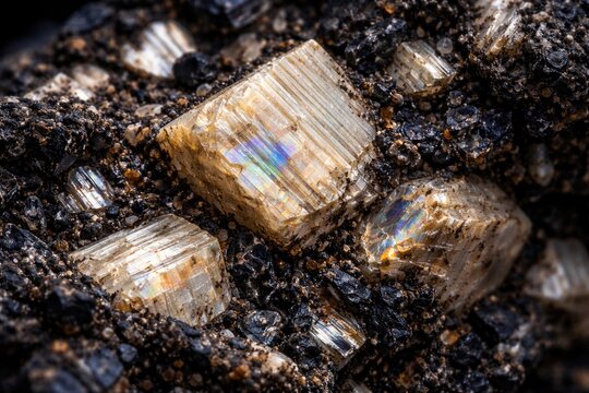 Geological analysis of igneous rock featuring feldspar under high magnification