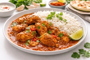 Fototapeta premium Indian style chicken curry with fluffy rice presented on a bright white background
