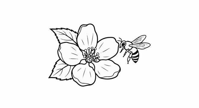 A line drawing of a bee approaching a large blossom with leaves