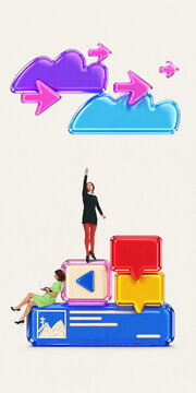 People creating digital content and interacting with media icons concept business content production. Clean background, vertical layout, copy space, fits marketing, content creation, digital platforms