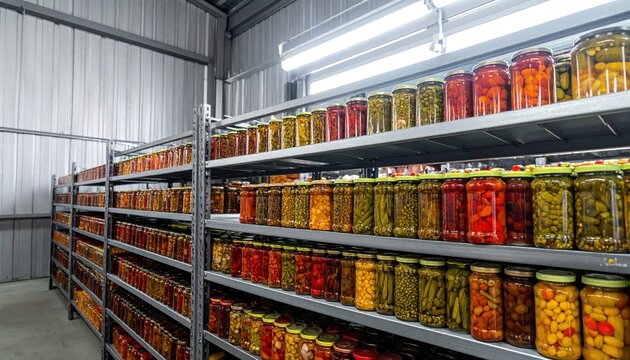 Abundant rows of canned goods and preserved foods neatly stacked on industrial shelving units within a vast storage facility.