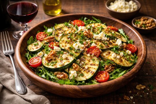 Grilled zucchini salad topped with feta cheese walnuts served with red wine on wood