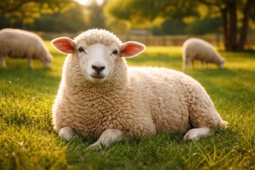 Fototapeta premium Content pet sheep enjoying green lawn outdoors in a warm summer setting