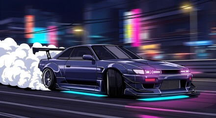 Fototapeta premium Night Street Drift Racing Car Neon