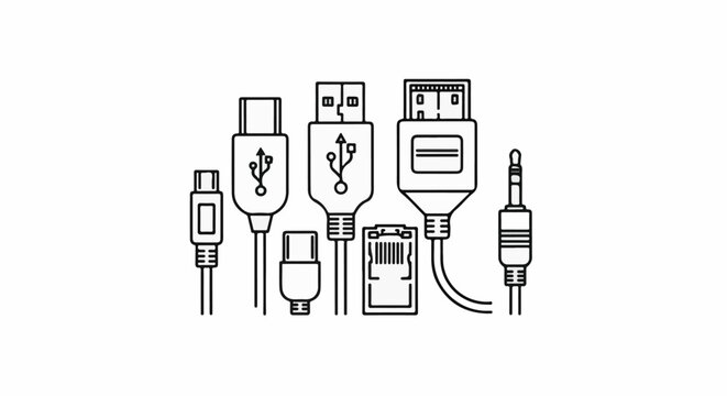 Collection of various electronic connector types, including USB, audio, and Ethernet