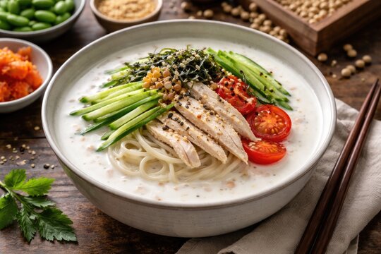 Healthy protein packed Korean Kongguksu cold soup with soy milk base and fresh vegetable toppings