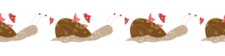Seamless horizontal border with cute snail and red fly agaric mushrooms © Viktoriia Blazhuk