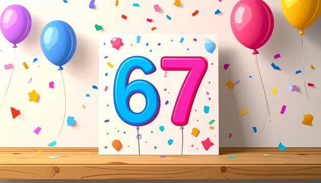 Birthday or anniversary card with number 67. Cartoon illustration with bright colors and balloons
