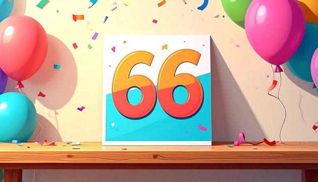 Birthday or anniversary card with number 66. Cartoon illustration with bright colors and balloons