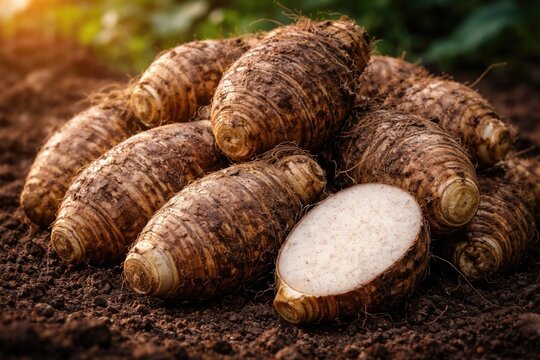Cluster of malanga tubers showcasing edible root vegetable texture
