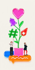 Social media growth concept with abstract plant made of icons and people interaction. Clean...