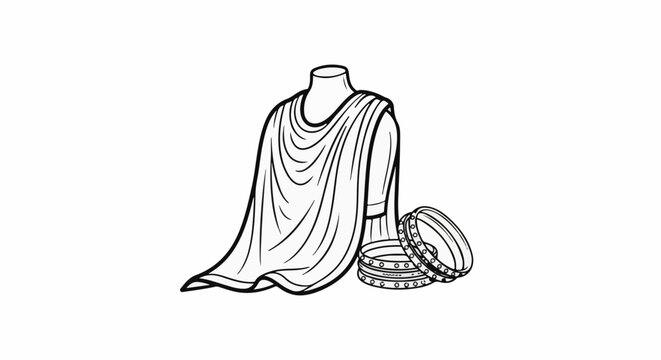 Line art depiction of draped tunic on mannequin with bangles
