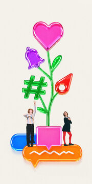 Social media growth concept with abstract plant made of icons and people interaction. Clean background, vertical composition, copy space, fits marketing, growth strategy, branding