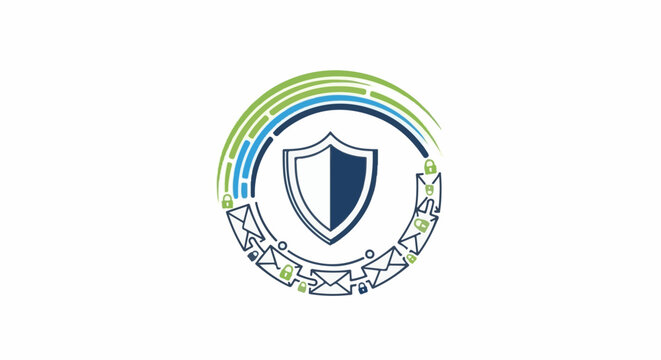 Security shield with mail envelopes and locks forming a circular pattern