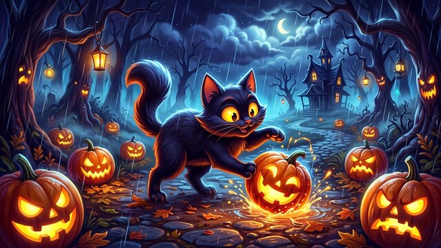 Black cat playing with glowing jack-o-lantern on rainy forest path. Magical autumn holiday illustration for seasonal decorations