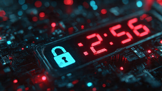 Digital Countdown Timer with Security Lock on Futuristic Cybersecurity Technology Background