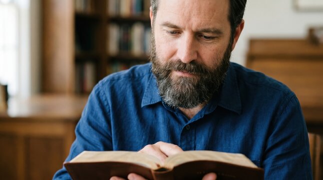 Man reading ancient scroll representing biblical apostle Philip studying scripture. Concept of theological research, spiritual reflection and devout study of holy text from Acts.