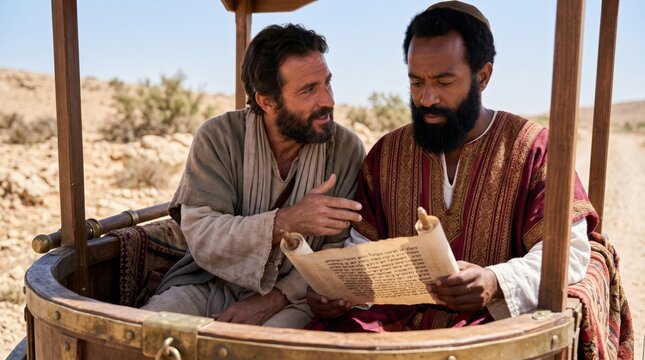 Philip the evangelist teaching the Bible to the Ethiopian eunuch traveling in a chariot. Scene from Acts chapter 8 regarding scripture explanation and biblical conversion in desert road.