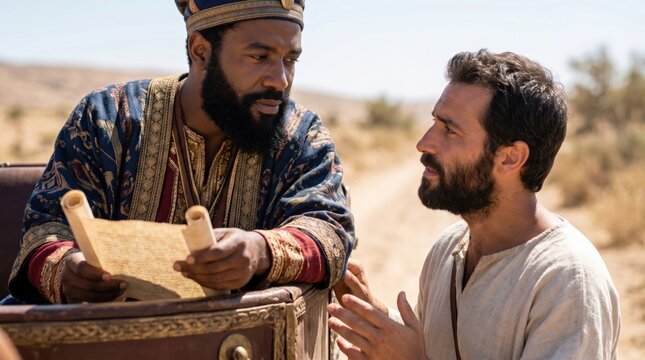 Biblical scene of Philip the evangelist teaching the Ethiopian eunuch on a, desert road. Apostle explaining sacred scripture to an official. Historical reenactment of an ancient encounter.