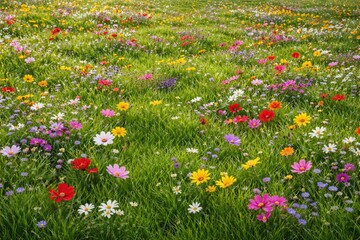 Obraz premium Dense green grass carpet with numerous colorful flowers thriving