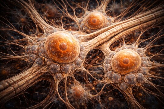 Biological illustration of satellite cells encasing pseudounipolar neuron somas within dorsal root ganglion