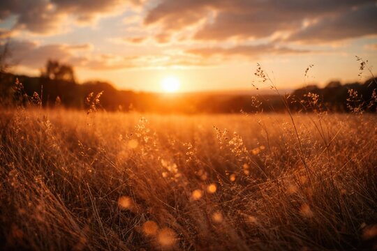 golden hour meadow scene with dried grass and helios lens sky background