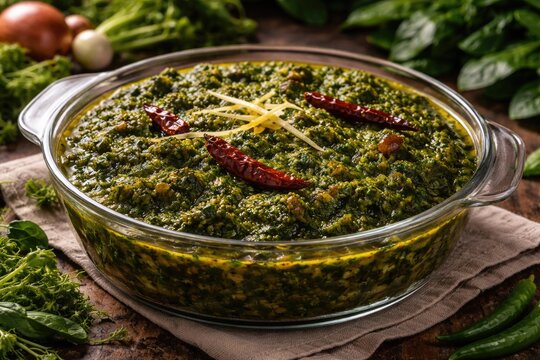 Freshly Cooked Sarson ki Sabji with Bathua and Spinach in See Through Serving Dish