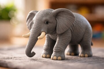 Fototapeta premium Children's educational grey plastic elephant toy on softly blurred surface featuring shallow depth of field