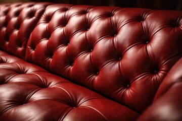 Fototapeta premium Elegant close up shot of a red leather couch with detailed diamond quilting and smooth finish