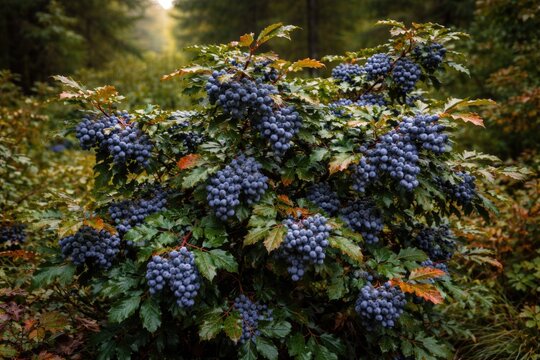 Full view of Oregon grape shrub with ripe berries in natural setting