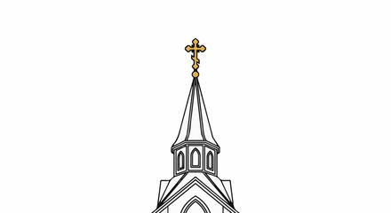 Ornate steeple with a golden cross on white background