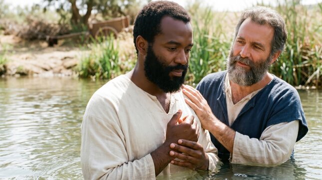 Biblical scene where Philip the evangelist baptizes the Ethiopian eunuch in a river. Historical spiritual moment from the Acts of the Apostles. Christian religious faith and conversion.