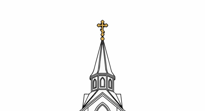Ornate steeple with a golden cross on white background