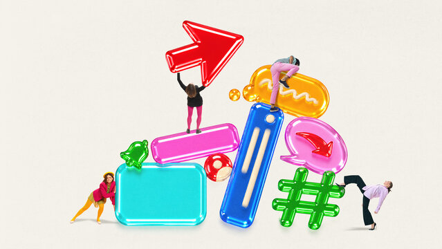 People interacting with social media icons and arrow symbol concept digital marketing strategy. Clean background, wide composition, copy space, fits business, promotion, online growth