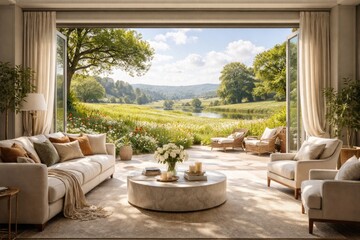 Fototapeta premium elegant living space opening onto a vibrant summer meadow