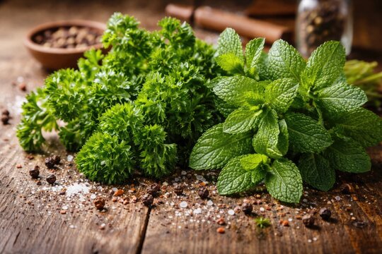 Close up of vibrant parsley and mint herbs sprinkled with salt and pepper on wooden table