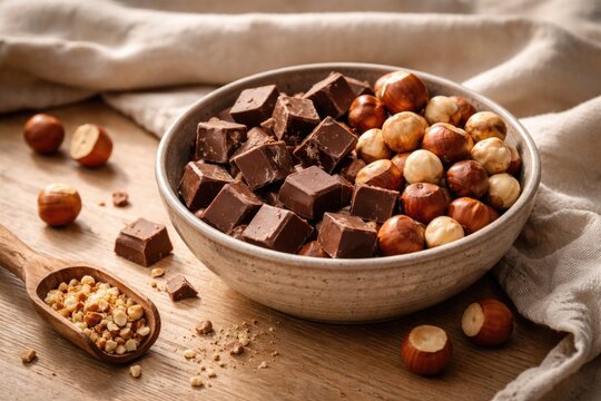 Bowl of milk chocolate bits and peeled hazelnuts on a light wood table with gentle fabric towel backdrop