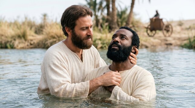 Philip the Evangelist baptizing the Ethiopian eunuch in the river. Biblical scene from Acts of the Apostles. Religious portrayal of faith, spiritual conversion, baptism and ancient history.