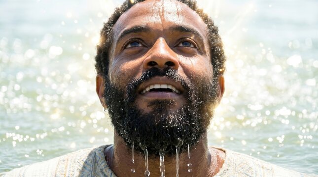 African man baptized in river water looking up to heaven. Biblical scene of Ethiopian eunuch receiving baptism from Philip. Spiritual rebirth and religious conversion, Christian faith theme.