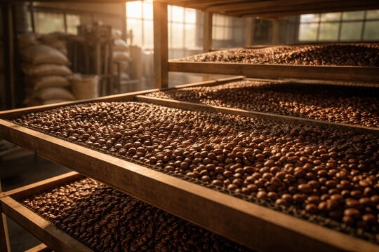 Natural sunlight illuminating quality coffee beans spread on layered shelving in a production plant