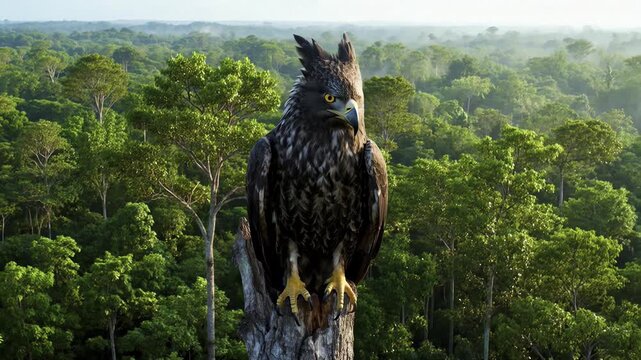 Majestic Eagle Perched on Tree Stump Overlooking Lush Rainforest Canopy, Wildlife Footage