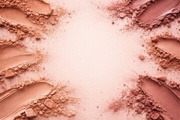 Fototapeta premium lipstick powder in neutral tones spread on a gentle pink surface with free copy space for branding