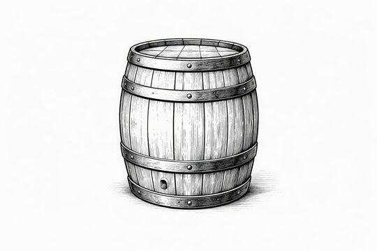 line art illustration of an empty wooden keg displayed on a white backdrop