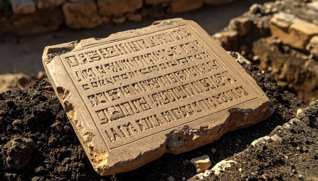 An ancient cuneiform script meticulously carved into a weathered clay tablet fragment rests amongst ruins