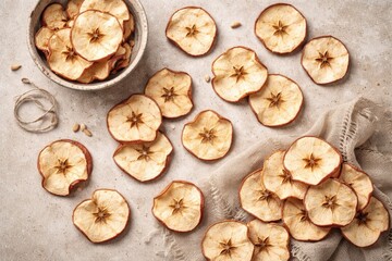 Fototapeta premium Neutral toned surface displaying handcrafted natural dried apple chips viewed from top