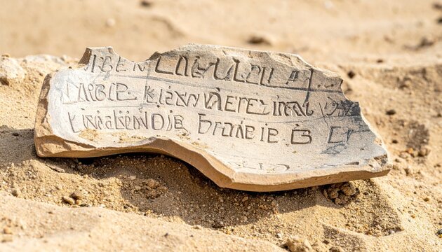 Close up of a broken pottery shard revealing partial Linear B script etched into its surface, an ancient artifact.