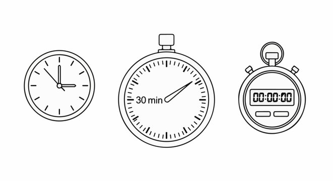 Three different types of timekeeping devices analog clock, 30-minute timer, and digital stopwatch