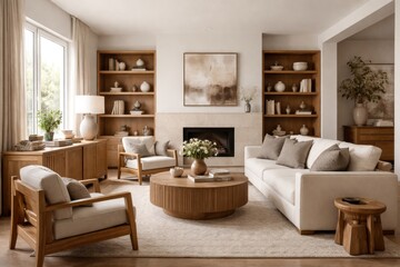 Fototapeta premium Elegant living room design showcasing wooden furniture and neutral tones
